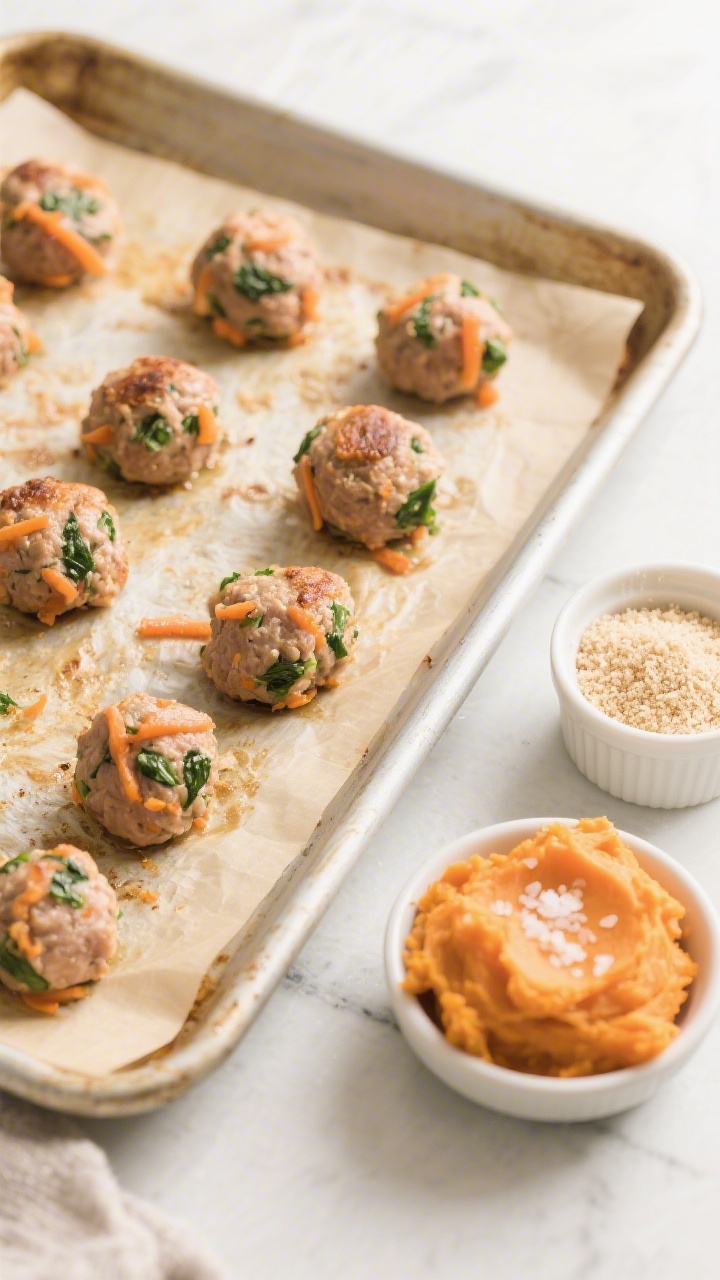 Overhead flat lay of Cozy Turkey Veggie Mini Meatballs just baked on a parchment-lined sheet pan: small, toddler-friendly turkey meatballs with visible flecks of very finely grated carrot and minced spinach, tender interiors tinted light orange from mashed sweet potato, lightly browned edges, a ramekin of plain breadcrumbs off to the side, a small bowl of extra mashed cooked sweet potato, and a sprinkle of sea salt; warm, cozy mood on a light neutral surface, natural window light, crisp detail on the moist texture of the meatballs, no people.