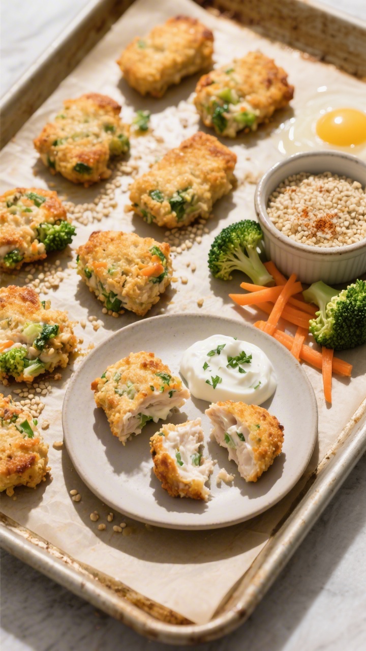Overhead flat lay of Creamy Chicken Veggie Nuggets on a parchment-lined sheet pan just out of the oven: golden-brown baked nuggets made from ground chicken, finely chopped steamed broccoli, finely grated carrot, cooked quinoa crumbs, plain Greek yogurt, and a beaten egg, with a pinch of onion powder visible in a small ramekin. Include a small bowl of Greek yogurt-herb dip, scattered steamed broccoli florets, carrot shavings, and a ramekin of quinoa/breadcrumbs. Neutral ceramic plate with a few nuggets cut open to show the moist, creamy interior flecked with green and orange; warm, natural light, crisp shadows.