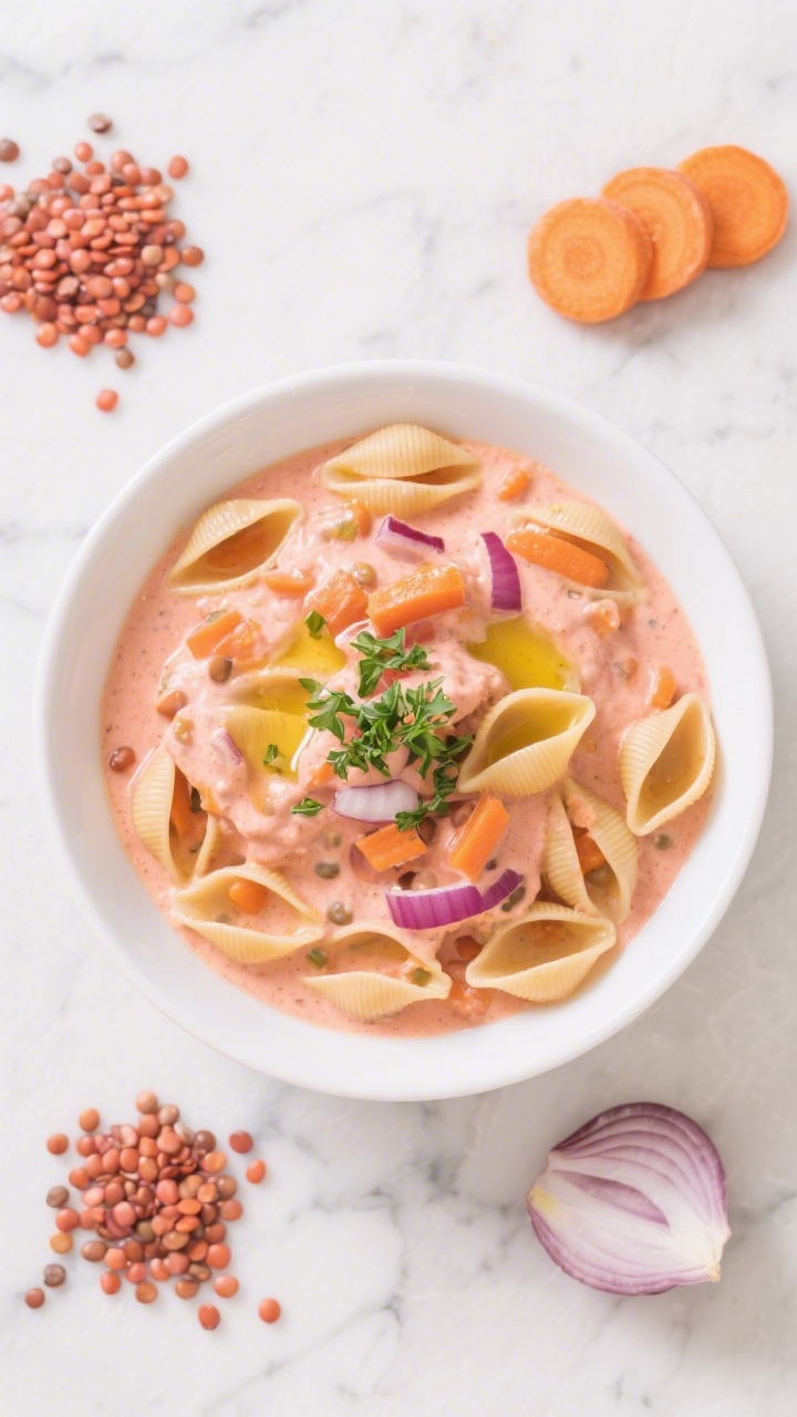 Overhead flat lay of creamy lentil tomato pasta in a shallow white bowl: small pasta shapes (mini shells) coated in a smooth pink-orange tomato-lentil sauce with finely softened onion and carrot blended in, a drizzle of olive oil on top, and a sprinkle of micro-chopped parsley for color. Surround with raw cues of the hidden veg—small piles of red lentils, a few carrot coins, and onion slices—on a light marble surface; bright, clean styling.