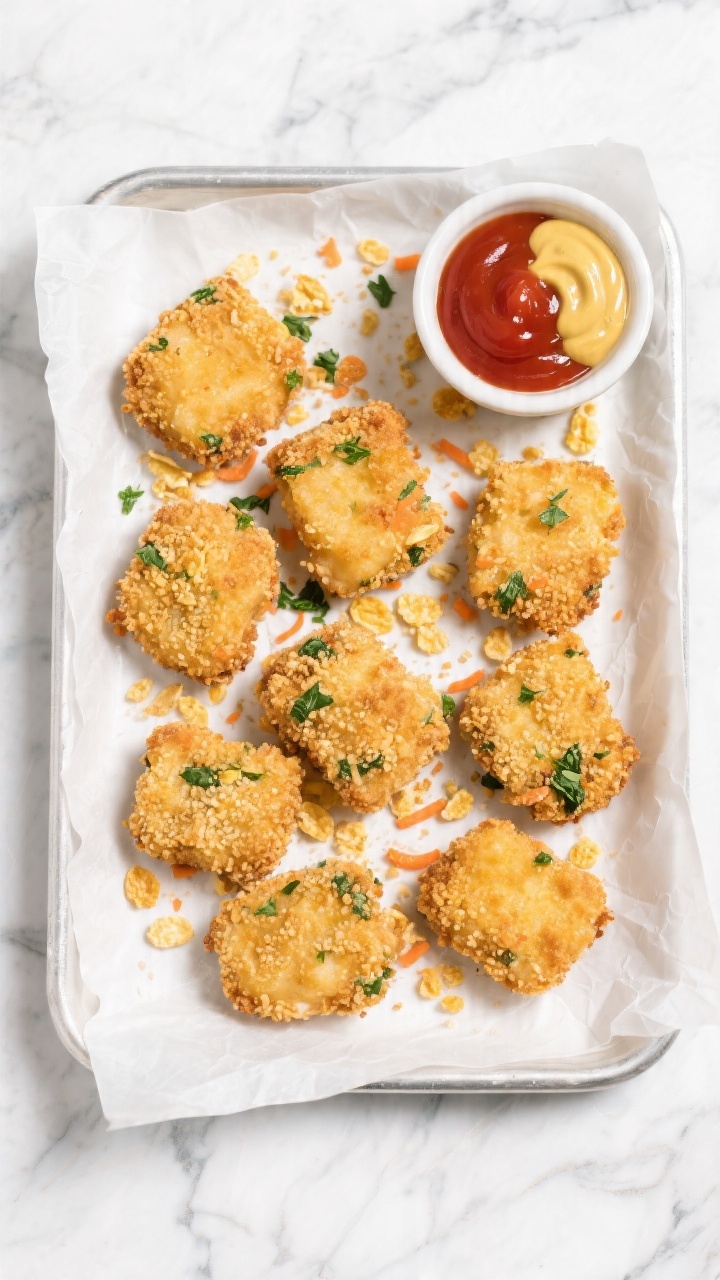 Overhead flat lay of crunchy chicken nuggets with a “sneaky veggie” crust fresh from the air fryer: golden 1-inch chicken breast nuggets coated in a mix of plain breadcrumbs, crushed cornflakes, finely grated carrot, and finely chopped spinach/parsley flecks visible in the crust; served on a white parchment-lined tray with a small ramekin of ketchup and honey-mustard, crumbs scattered; bright, kid-friendly mood, high contrast to emphasize the ultra-crispy texture, no people, clean marble background.