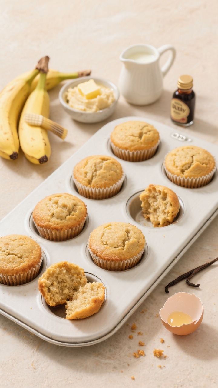 Overhead flat lay of freshly baked Banana Buddy Mini Muffins cooling in a mini muffin tin and scattered on a white sheet pan, golden and slightly domed with moist crumb showing in one broken-open muffin; include props of two ripe bananas, a small bowl of mashed banana, a tiny pitcher of milk, a pat of melted unsalted butter with a brush sheen, a bottle of vanilla extract, and a cracked egg shell; warm neutral backdrop, soft morning light, minimal crumbs for a toddler-friendly vibe.