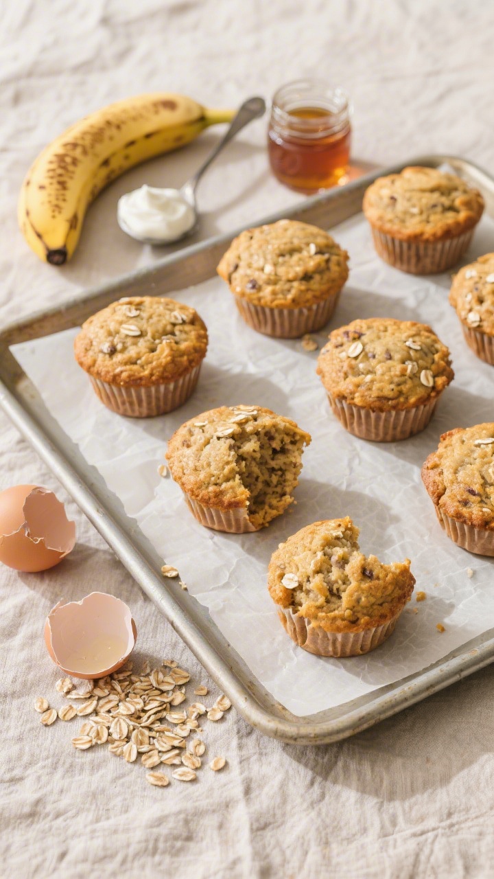 Overhead flat lay of freshly baked Banana Oat Blender Muffins on a parchment-lined baking tray, golden tops with visible oat flecks, a peeled spotty ripe banana, a small jar of maple syrup, a spoonful of plain Greek yogurt, rolled oats scattered, and two cracked eggshells nearby; neutral linen, soft morning light, clean minimal styling, toddler-friendly bite marks on one muffin to show moist crumb.