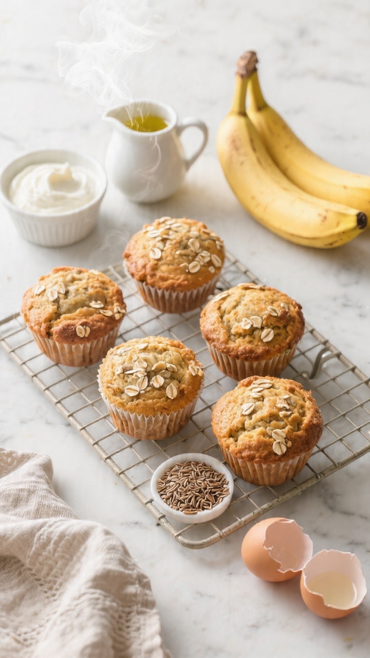 Overhead flat lay of freshly baked Banana Oat Breakfast Muffins on a cooling rack, golden and slightly craggy tops, with visible oat flecks; styled with props of two large ripe bananas (one mashed in a small bowl), a ramekin of plain yogurt, a small pitcher of mild olive oil, two cracked eggshells (and a side dish of ground flax with water as an egg-free option), all on a light marble surface; soft morning light, minimal rustic linens, steam subtly rising, professional crisp detail.