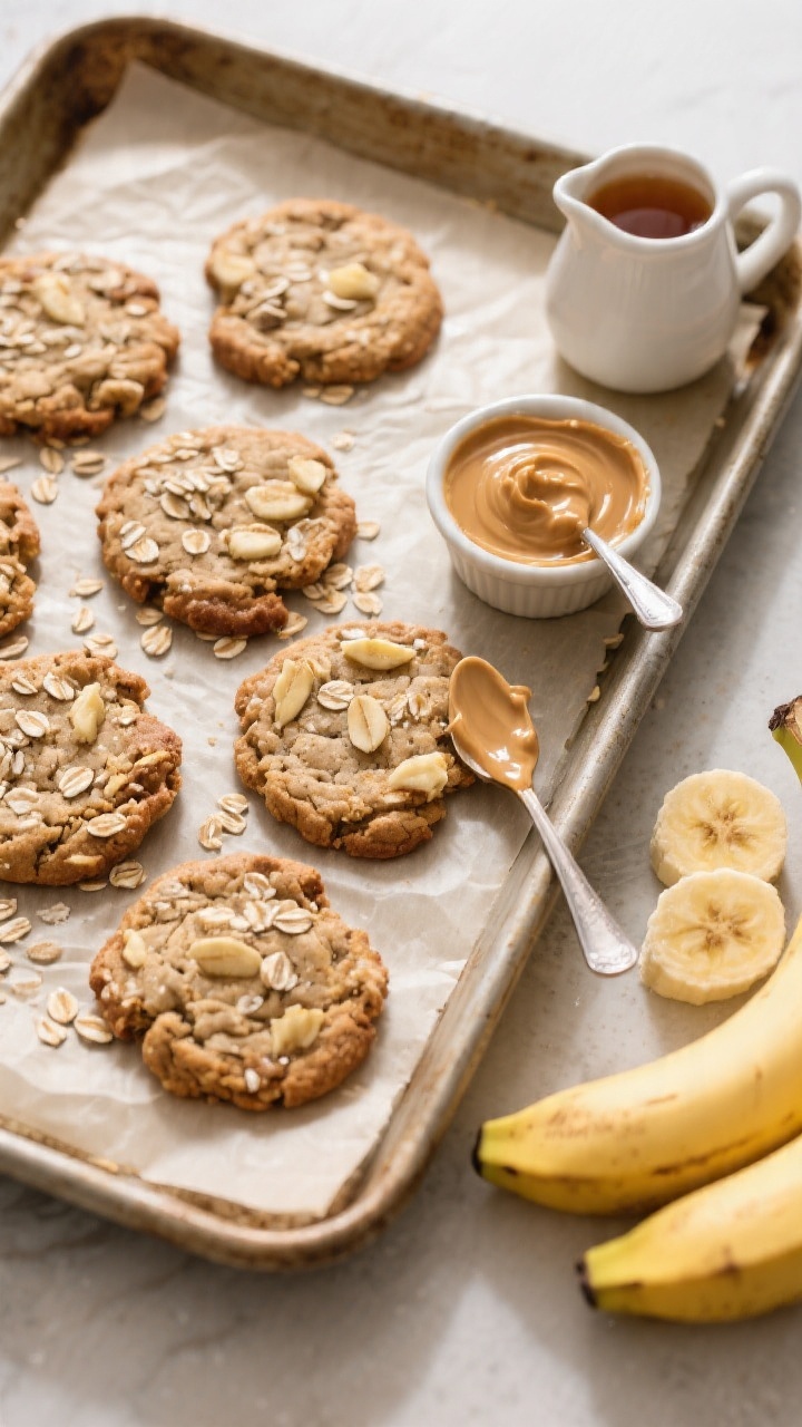 Overhead flat lay of freshly baked Banana-Oat Breakfast Cookies on a parchment-lined sheet pan, flecked with visible rolled oats and mashed banana bits, with a small ramekin of almond butter, a spoon trail of peanut butter, a tiny pitcher of maple syrup, and a few ripe banana slices on the side; warm morning light, minimal rustic styling, crisp texture on cookie edges, soft centers emphasized, professional food photography.