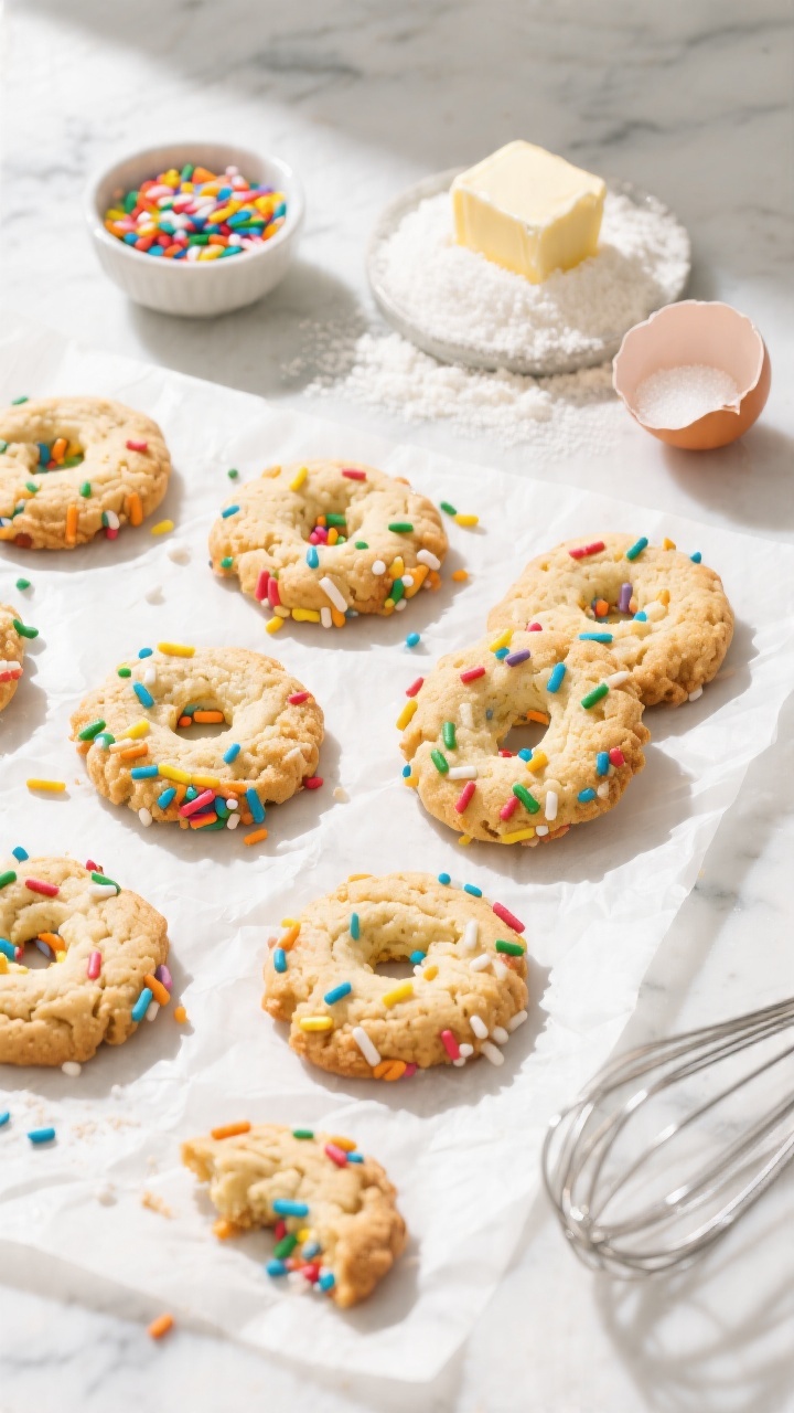 Overhead flat lay of freshly baked chewy sprinkle sugar cookies on a parchment-lined sheet, edges lightly golden, crackly tops rolled in rainbow sprinkles; include a small bowl of rainbow sprinkles, a mound of granulated sugar, softened butter pat, a cracked egg shell, and a whisk dusted with all-purpose flour; bright, sunny mood on a white marble surface, soft window light, shallow shadows, vibrant sprinkle colors popping against neutral tones.