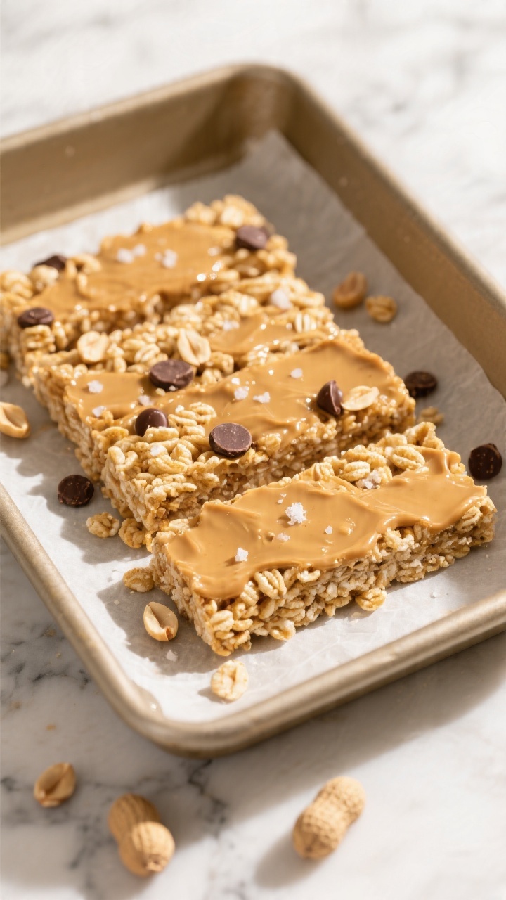 Overhead flat lay of freshly pressed no-bake peanut butter cereal bars on parchment in an 8x8 pan, glossy honey-peanut butter sheen binding 3 cups crispy rice cereal, tiny vanilla flecks and a pinch of salt visible; optional mix-ins like mini chocolate chips and chopped peanuts sprinkled on top and a few scattered on the marble surface; a warm, golden palette with soft window light, sharp focus on the sticky texture and crisp cereal pockets, no hands or people.
