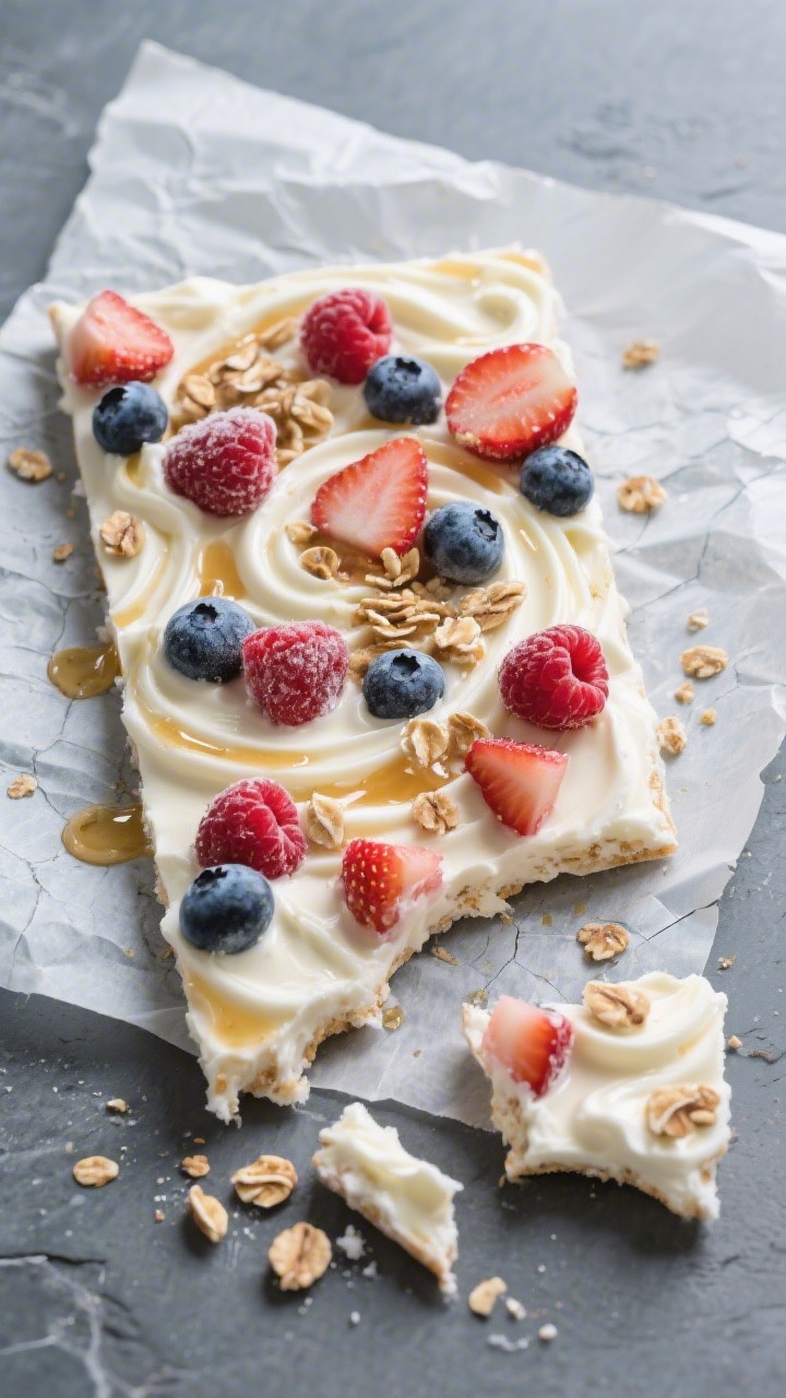 Overhead flat lay of Frozen Yogurt Fruit Bark on parchment: a slab of swirled vanilla Greek yogurt lightly sweetened with honey and vanilla extract, studded with mixed berries—diced strawberries, whole blueberries, and raspberries—plus a sprinkle of granola; a corner already broken into irregular shards to show the crackled frozen texture, tiny honey drizzle glistening; frosty, high-contrast lighting on a cool slate surface.