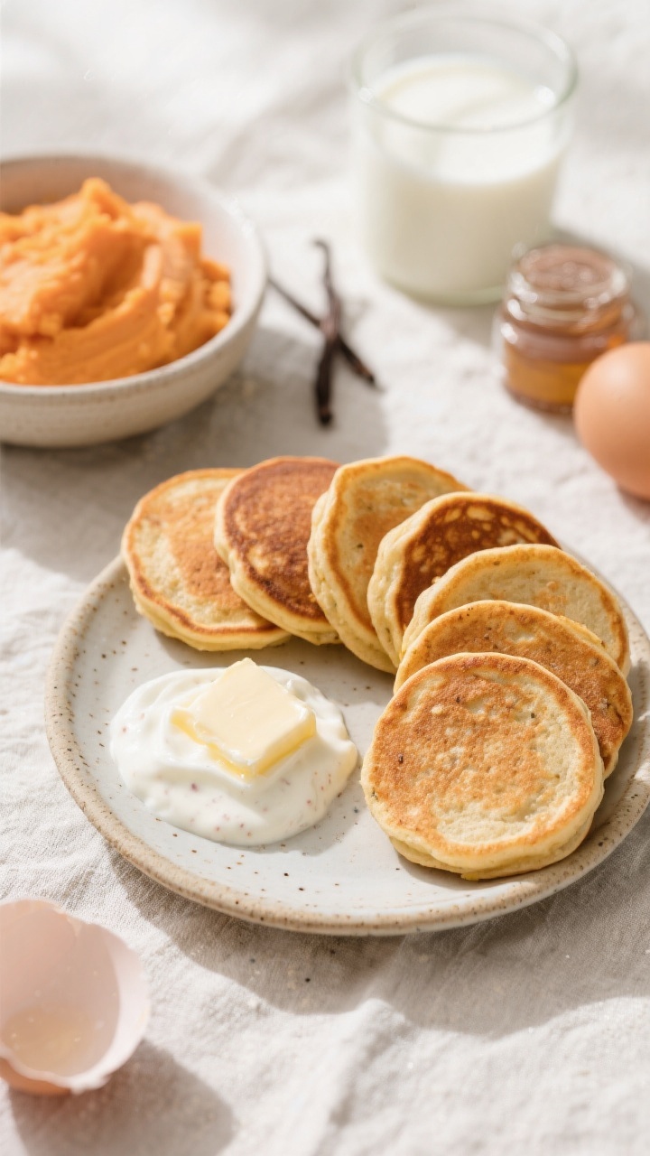 Overhead flat lay of mini sweet potato pancakes sized for toddlers, neatly stacked and fanned on a small ceramic plate with a pat of melting butter and a drizzle of yogurt; visible flecks from white whole wheat flour, golden-brown edges, and tender crumb; surrounding ingredient cues include a bowl of very smooth mashed sweet potato, cracked eggs, a small jar of vanilla extract, and a cup of buttermilk; bright morning light on a light linen for a brunchy feel.