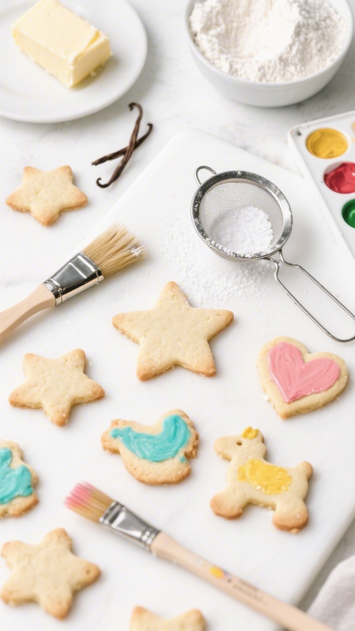 Overhead flat lay of Paint-Your-Own Shortbread Cut-Outs: buttery shortbread cookies in fun shapes (stars, hearts, animals) on a white board, some plain and some “painted” with edible food coloring watered with vanilla in artist-style palettes; pastry brush resting with light strokes of color, powdered sugar dusted sieve nearby, and visible ingredients: softened butter, powdered sugar, granulated sugar, all-purpose flour, and a pinch of salt; bright, airy studio light, clean lines, playful artistic mood, sharp detail on crumbly shortbread texture.