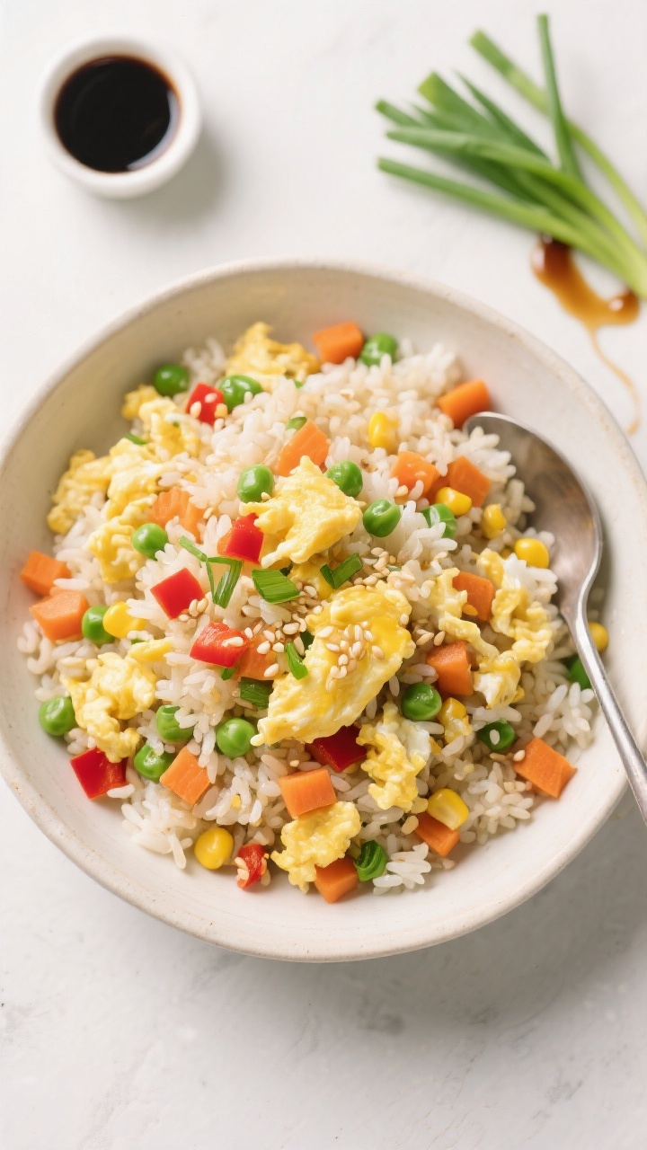 Overhead flat lay of rainbow egg fried rice in a wide shallow bowl, fluffy and steam-kissed. Visible ingredients: 2 cups of cooked rice, soft-scrambled egg curds, diced carrots, peas, sweet corn, finely chopped red bell pepper, scallion greens, and a light soy-sesame sheen. A small spoon rests in the bowl to suggest quick serving; a side dish of extra scallions and a drizzle line of soy sauce for styling. Clean, bright colors, high contrast, and a casual weeknight takeout-at-home vibe.