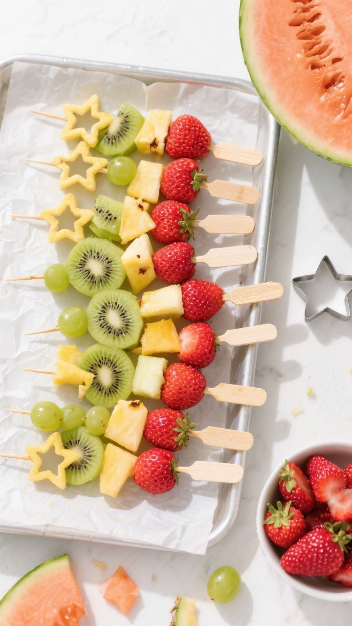 Overhead flat lay of rainbow fruit wands neatly lined on a parchment-lined tray: wooden skewers threaded in repeating bands of strawberries, kiwi chunks, pineapple chunks, and green grapes, topped with star-shaped cutouts from a small seedless watermelon (or cantaloupe). Include a small metal star cookie cutter, melon rind scraps, and a bowl of hulled strawberries to suggest prep. Bright, kid-friendly styling, high-key lighting, crisp focus on juicy textures and vibrant reds, greens, and yellow.