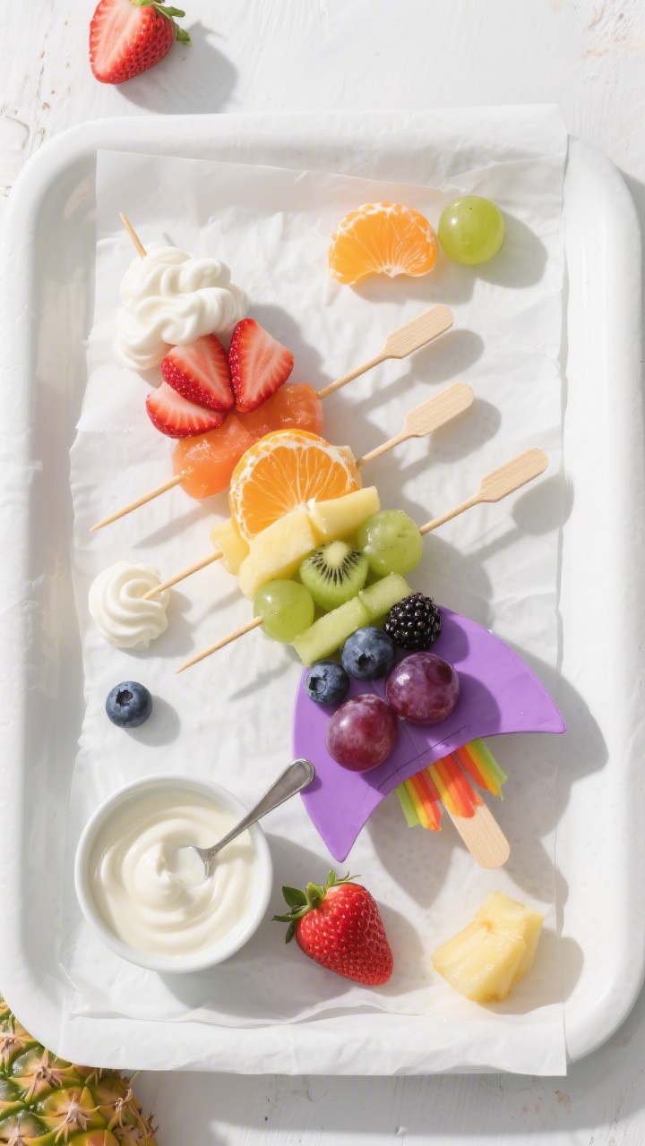 Overhead flat lay of “Rainbow Rockets With Vanilla Yogurt Clouds”: a rainbow gradient of fruit kebabs arranged like rockets on a parchment-lined white tray, skewered with 6–8 inch wooden sticks. Order the fruit by color from red to violet: halved strawberries, mandarin orange segments, pineapple chunks, green grapes or kiwi if present, blueberries/blackberries if included, ending with purple grapes if available; at the base of each “rocket,” dollops and swirls of vanilla yogurt “clouds.” Include a small bowl of vanilla yogurt with a spoon, a few extra strawberry halves and pineapple pieces scattered for texture, bright, kid-friendly mood, high-key lighting, crisp shadows, no people.