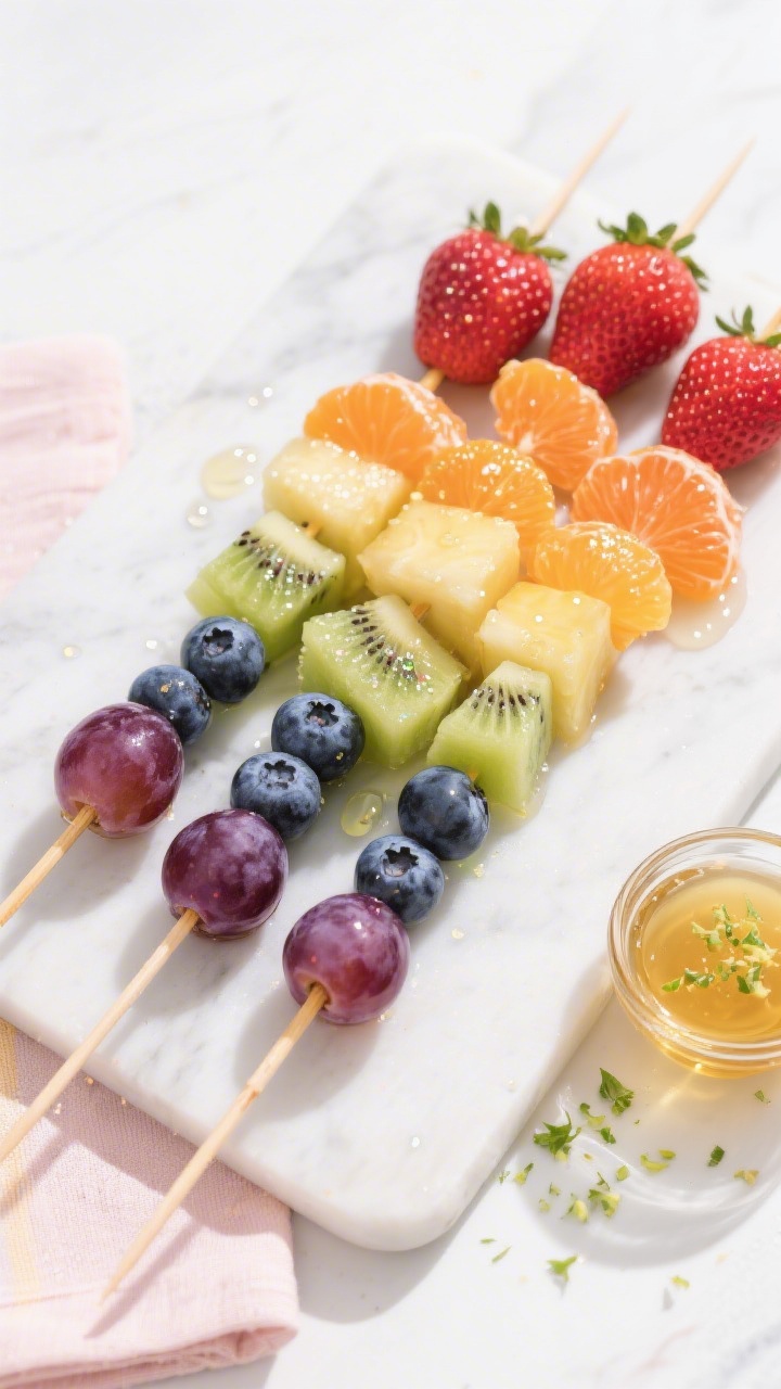 Overhead flat lay of Rainbow Snack Parade fruit skewers arranged in ROYGBIV order on a white marble board: strawberries, clementine segments, pineapple chunks, kiwi chunks, blueberries, and purple seedless grapes threaded neatly on short wooden skewers. Visible honey-lime “glitter” glaze brushed on the fruit with tiny droplets catching light; a small glass ramekin of honey mixed with lime juice and zest on the side, micro-zest flecks scattered. Clean, bright kid-friendly styling with a pastel napkin, minimal props, high-key lighting, crisp focus highlighting glossy textures and vibrant colors.