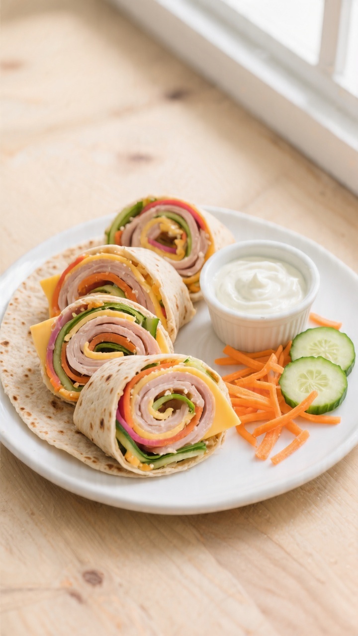 Overhead flat lay of Rainbow Turkey Crunch Roll-Ups neatly sliced into pinwheels, showing spirals of low-sodium deli turkey, mild cheddar/Colby Jack, shredded carrots, and thin cucumber ribbons wrapped in large whole-wheat tortillas; a small ramekin of creamy yogurt ranch for dipping, scattered carrot shreds and cucumber coins for texture, bright kid-friendly colors on a white ceramic platter over a light wood surface, soft natural window light for crisp freshness.