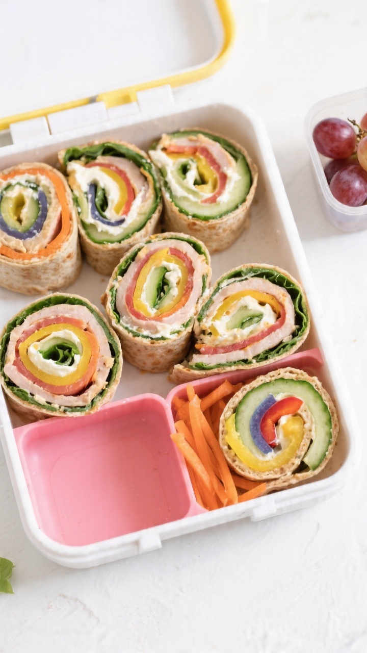 Overhead flat lay of rainbow turkey pinwheels sliced into tight spirals and neatly arranged in a kid’s lunchbox with silicone dividers: spinach or whole-wheat tortillas spread with cream cheese or hummus, layers of sliced turkey breast, vivid shredded carrots, and thinly sliced cucumbers/peppers peeking through each swirl. Bright, natural light, crisp textures, clean white background, small container of grapes on the side for scale, focus on the colorful cross-sections and tidy presentation.