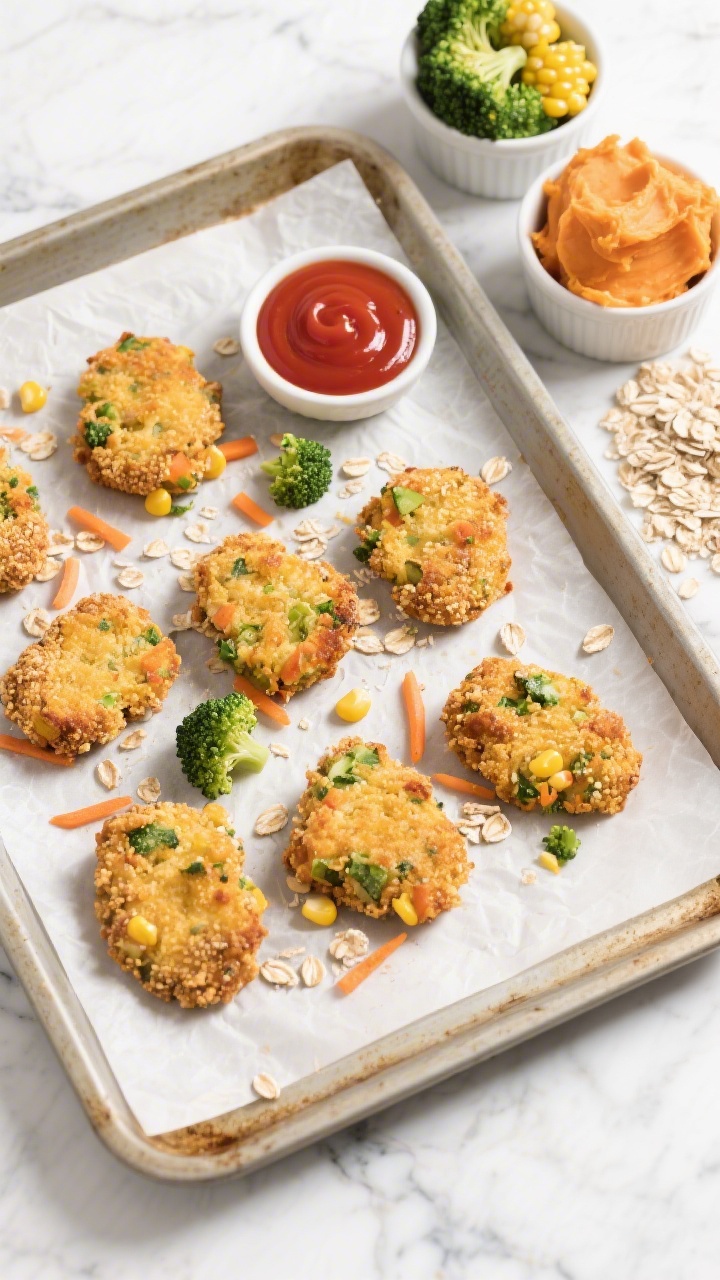 Overhead flat lay of Rainbow Veggie Nuggets with Sneaky Sweet Potato Crunch on a parchment-lined baking sheet: golden baked nuggets with visible flecks of finely chopped broccoli, grated carrot, and corn kernels, rustic oat crumb texture from pulsed rolled oats, a small bowl of ketchup on the side, scattered raw ingredients in small ramekins (mashed sweet potato, chopped broccoli, grated carrot, thawed corn, coarse oat crumbs), set on a light marble surface, bright kid-friendly color palette, crisp, natural daylight, high contrast to emphasize crunchy edges.