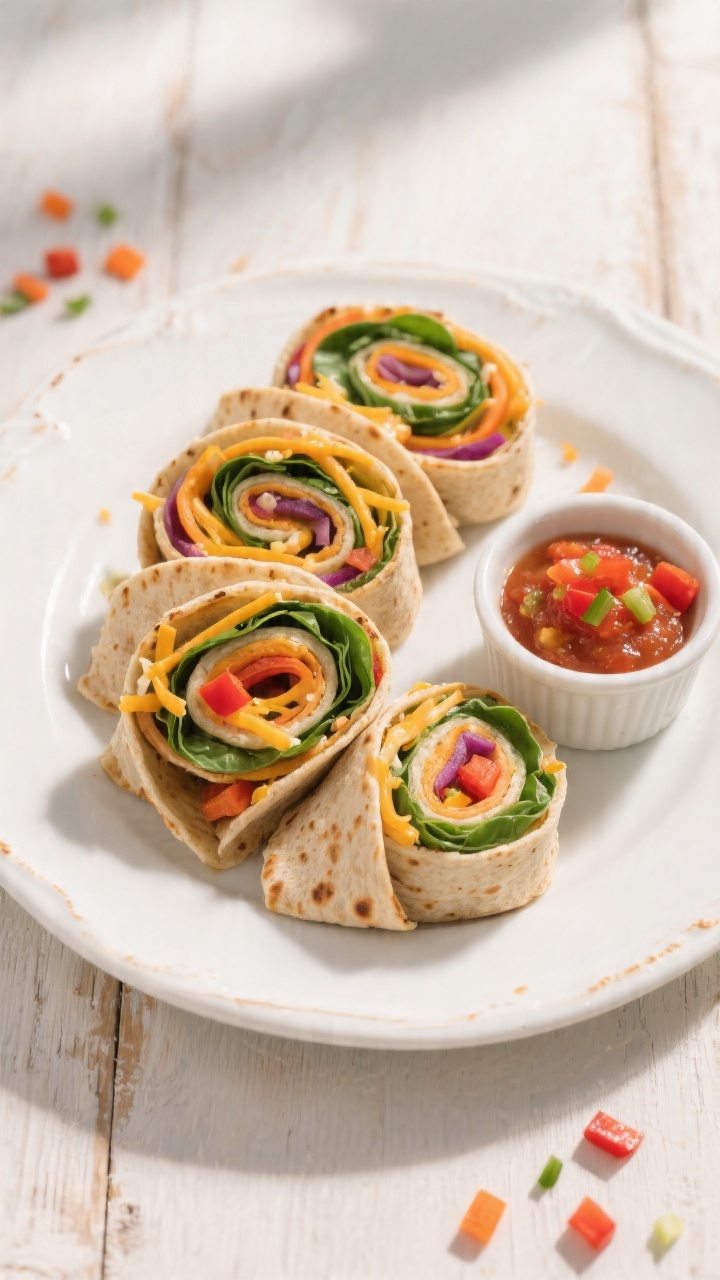 Overhead flat-lay of rainbow veggie quesadilla pinwheels neatly spiraled on a white plate: whole-wheat tortillas rolled with melted shredded cheddar, finely grated carrot, finely chopped baby spinach, and tiny red bell pepper dices visible in each swirl; a small ramekin of mild salsa on the side; warm, soft tortilla texture with golden toast marks; bright, kid-friendly colors on a light wooden surface with a few loose veggie sprinkles for styling; natural daylight, crisp focus, no people.