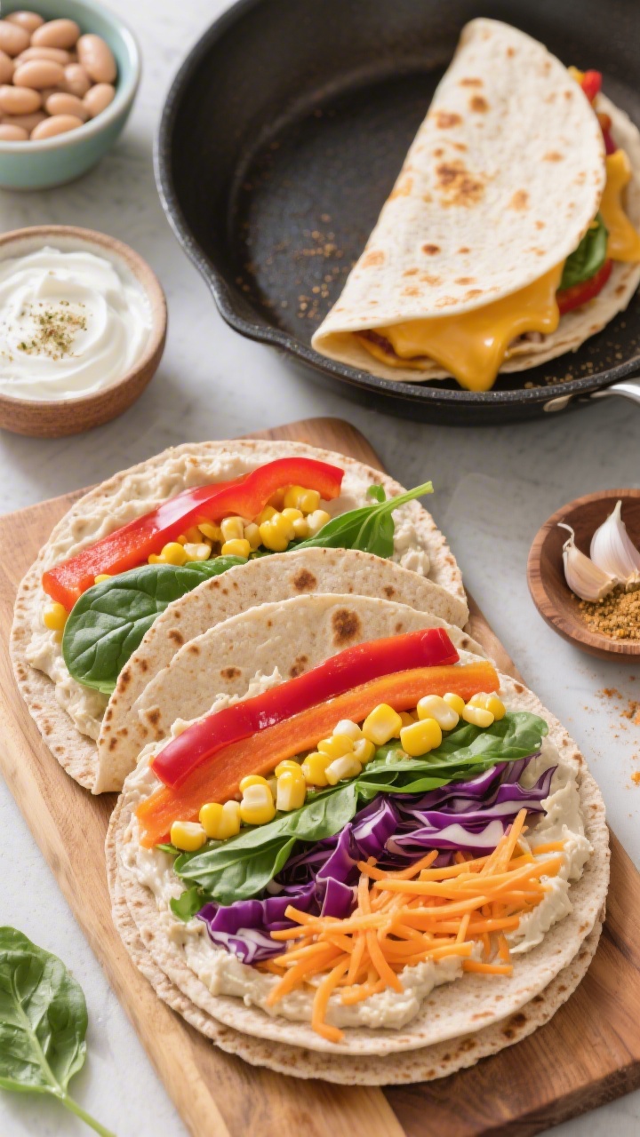 Overhead flat lay of Rainbow Veggie Quesadillas being assembled on a wooden board: whole-wheat tortillas spread with a smooth blend of mashed canned white beans, plain Greek yogurt, and a sprinkle of garlic powder; vivid “rainbow” fillings arranged in stripes—red bell peppers, sweet corn, purple cabbage, baby spinach, and grated carrots—topped with shredded cheddar/Mexican blend cheese. One tortilla folded and crisped in a preheated skillet with golden spots, melty cheese oozing at the edge; small bowls of extra bean-yogurt spread and a pinch bowl of garlic powder nearby; bright, kid-friendly mood, clean natural light.