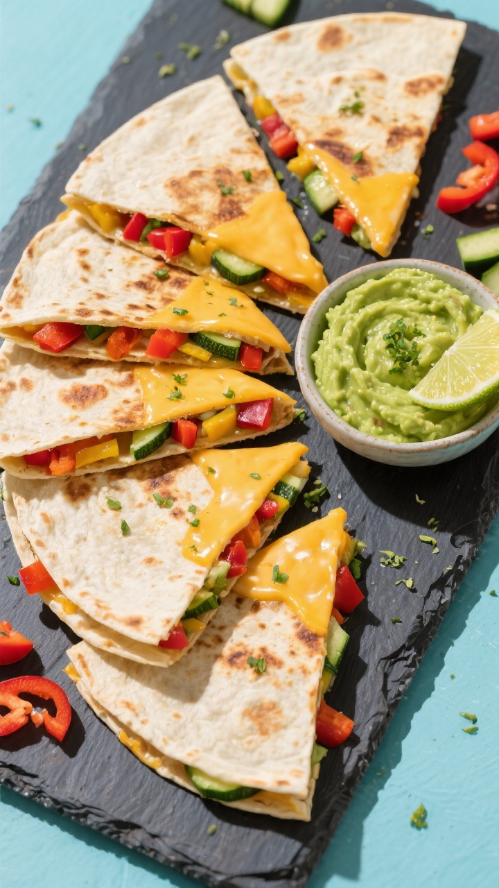 Overhead flat lay of Rainbow Veggie Quesadillas with Avocado Lime Dip: flour tortillas folded and crisped to golden with gooey melted mild cheddar/Monterey Jack, colorful cross-sections showing finely chopped red bell pepper and zucchini; wedges fanned on a slate board with a vibrant avocado-lime dip in a small bowl, lime zest sprinkled on top; a light brush of olive oil sheen on tortilla surfaces, a few raw red pepper and zucchini bits scattered for color; bright, playful styling with clean edges and high contrast.