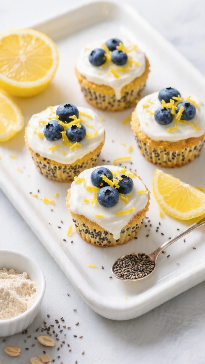 Overhead flat lay of Sunshine Lemon-Blueberry Cupcakes with chia seed boost, arranged on a white tray. Bright lemon zest sprinkled over tangy Greek-yogurt glaze, bursting blueberries peeking from the crumb, tiny chia seeds freckling the tops. Style with halved lemons, a small bowl of almond flour, and a spoonful of chia seeds scattered artfully. Fresh, airy daylight, cool-toned background to amplify the sunny yellow and deep blue color contrast.