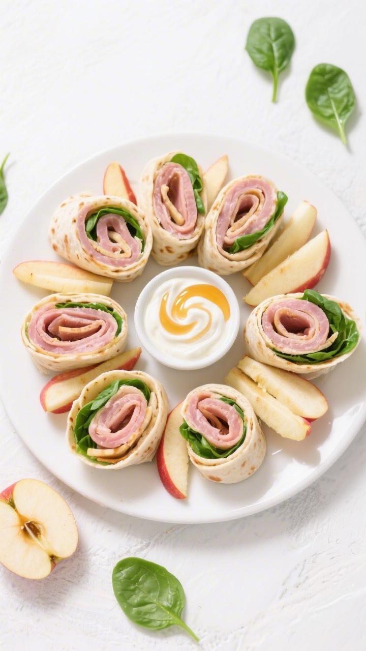 Overhead flat lay of turkey apple pinwheels neatly arranged in a circular pattern on a white platter: tight spirals showing layers of soft tortilla, pink turkey slices, crisp apple matchsticks, and baby spinach, with a small bowl of honey-yogurt swirl dip (visible ribbon of honey through creamy yogurt). A few extra apple matchsticks and spinach leaves scattered for styling. Bright, kid-friendly mood with clean whites and fresh greens.