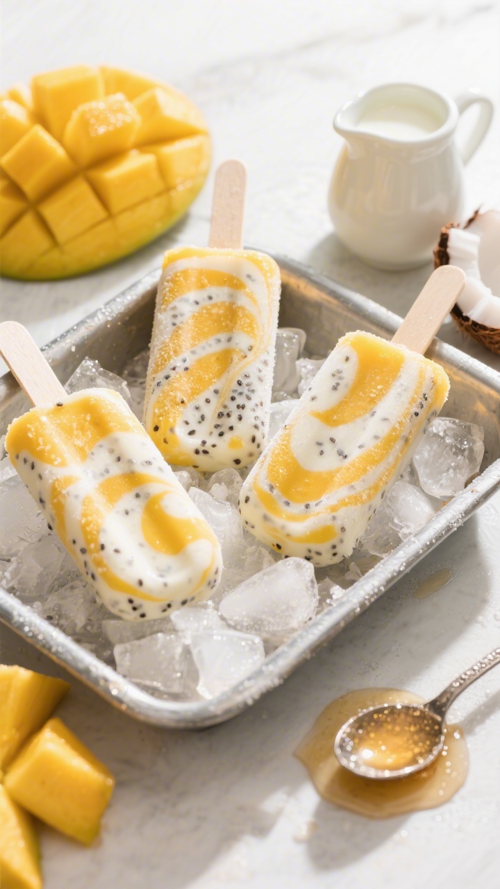 Overhead hero shot of Creamy Mango Coconut Chia Pudding Pops: frosty popsicles on crushed ice in a metal tray, marbled sunny mango and creamy coconut swirls with visible chia seeds. Fresh mango chunks and a small pitcher of light coconut milk nearby, with a drizzle of maple syrup pooling in a tiny spoon. Condensation and frost detail on the pops, bright tropical palette of golden yellow and ivory, shot in bright daylight for a refreshing, summery mood.
