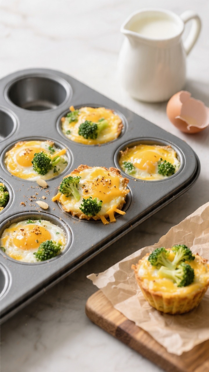 Overhead image of cheesy broccoli egg bites in a nonstick mini muffin pan, some bites lifted out onto a parchment-lined board: custardy yellow centers studded with very finely chopped steamed broccoli and melted mild cheddar, flecks of garlic powder visible; a small pitcher of milk and cracked eggshells hinting ingredients; clean, cozy brunch mood with gentle shadows, sharp detail on the egg bite crumb and cheese pull, no people.