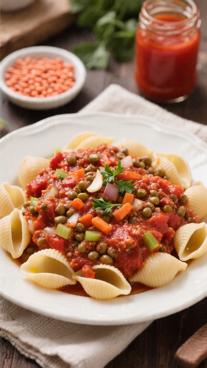 Overhead image of cozy lentil bolognese ladled over mini shell pasta: a hearty red lentil sauce with finely chopped onion, carrot, celery, and minced garlic simmered in jarred tomato sauce, clinging to the curves of tiny shells; a glossy sheen from olive oil, garnished simply with a sprinkle of finely chopped parsley; surrounding elements include a small dish of rinsed red lentils, a jar of tomato sauce, and a napkin for warmth; rustic yet refined, rich tomato-red color contrasted with pale pasta.