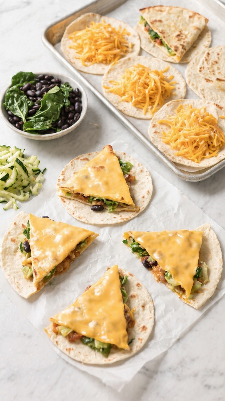 Overhead ingredient-and-assembly flat lay for veggie-packed cheesy baked quesadillas: six large flour tortillas, mounds of shredded cheddar/Mexican blend, a bowl of rinsed black beans, finely chopped spinach, and a small pile of grated zucchini; two tortillas partially filled, cheese visibly melting at the edges, ready to fold; a parchment-lined baking sheet to suggest oven baking; bright, fresh greens and yellows, minimal props, even daylight for a wholesome, freezer-friendly vibe.