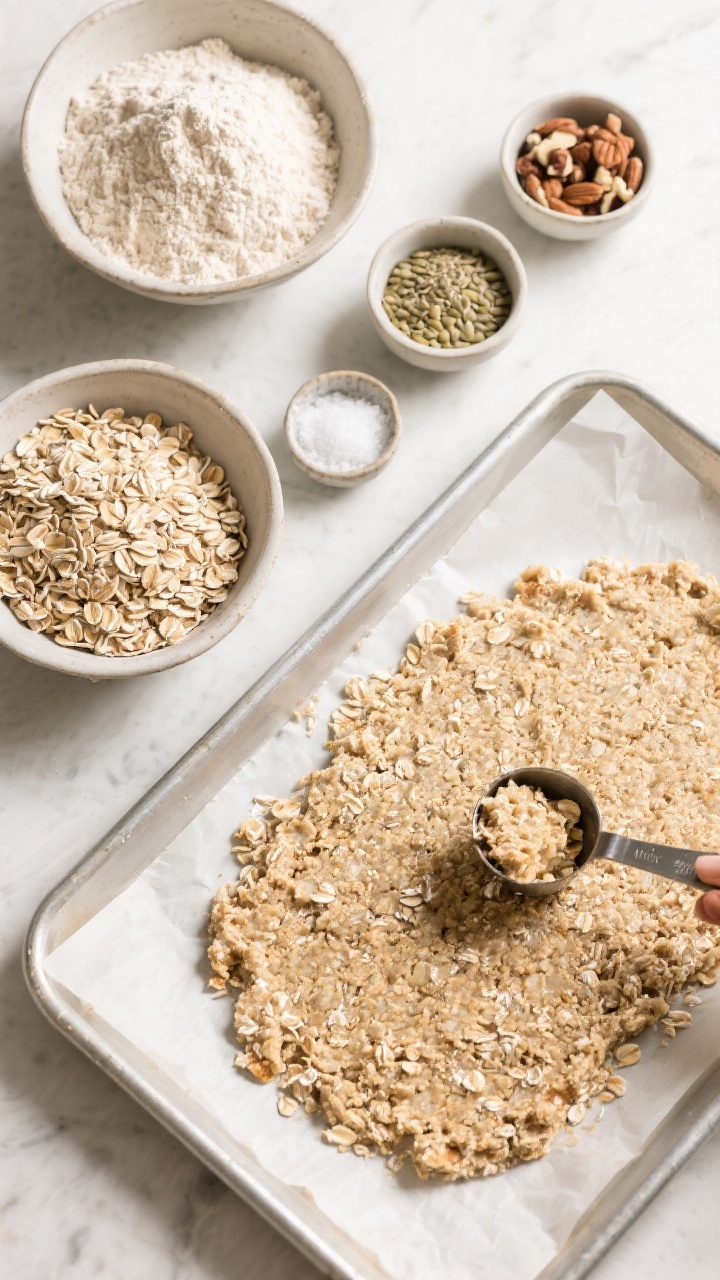 Overhead ingredient-and-prep flat lay for Mix-and-Match Sheet Pan Oat Bars: old-fashioned rolled oats and quick oats in separate bowls, whole-wheat flour in a small mound, baking powder and fine salt in pinch bowls, plus a parchment-lined sheet pan partly spread with the coarse oat mixture pressed flat with the back of a measuring cup. Include optional mix-ins in tiny bowls for variety (e.g., chopped nuts or seeds kept neutral in tone). Emphasize rustic oat textures and wholesome, kid-friendly baked bar prep, bright natural light.