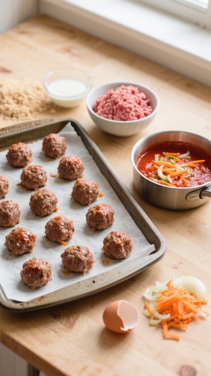 Overhead ingredient-and-process shot: a neat baking tray lined with parchment holds rows of tiny, soft beef meatballs just out of the oven, glistening and tender. Beside it, a small saucepan of hidden-veggie marinara shows visible fine shreds of carrot and onion melting into the smooth red sauce. Include bowls with 90% lean ground beef, fine breadcrumbs moistened with milk, a cracked egg, and a tiny pile of very finely grated onion and carrot. Warm, kid-friendly styling on a light wood surface, soft natural window light, shallow depth of field highlighting the saucy sheen.