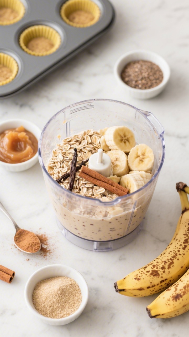 Overhead ingredient-and-process shot for Banana Oat Blender Bites: a glass blender jar filled with spotty ripe banana chunks, rolled oats, unsweetened applesauce, ground flaxseed, baking powder, cinnamon, and a splash of vanilla extract, set on a light marble surface. Surround with small prep bowls holding each ingredient, a silicone mini-muffin pan lined and ready, a spoon dusted with cinnamon, and a few extra spotty bananas. Natural soft daylight, clean minimal styling, focus on creamy, speckled batter texture and wholesome colors of beige, tan, and warm brown.