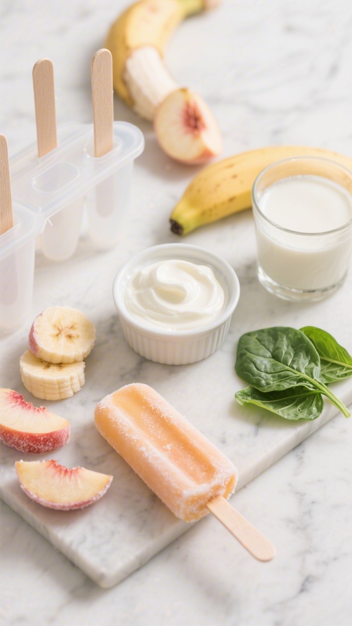 Overhead ingredient flat lay for Peachy Banana Creamsicles With A Sneaky Spinach Boost: sliced ripe banana rounds, frozen peach slices with frosty edges, a dollop of plain full-fat Greek yogurt in a small ramekin, a glass of unsweetened oat milk, and a small handful of baby spinach leaves, all arranged neatly beside empty popsicle molds and wooden sticks on a cool marble surface; soft morning light, bright pastel palette of peach, cream, and fresh green, crisp textures, clean minimal styling, no people.