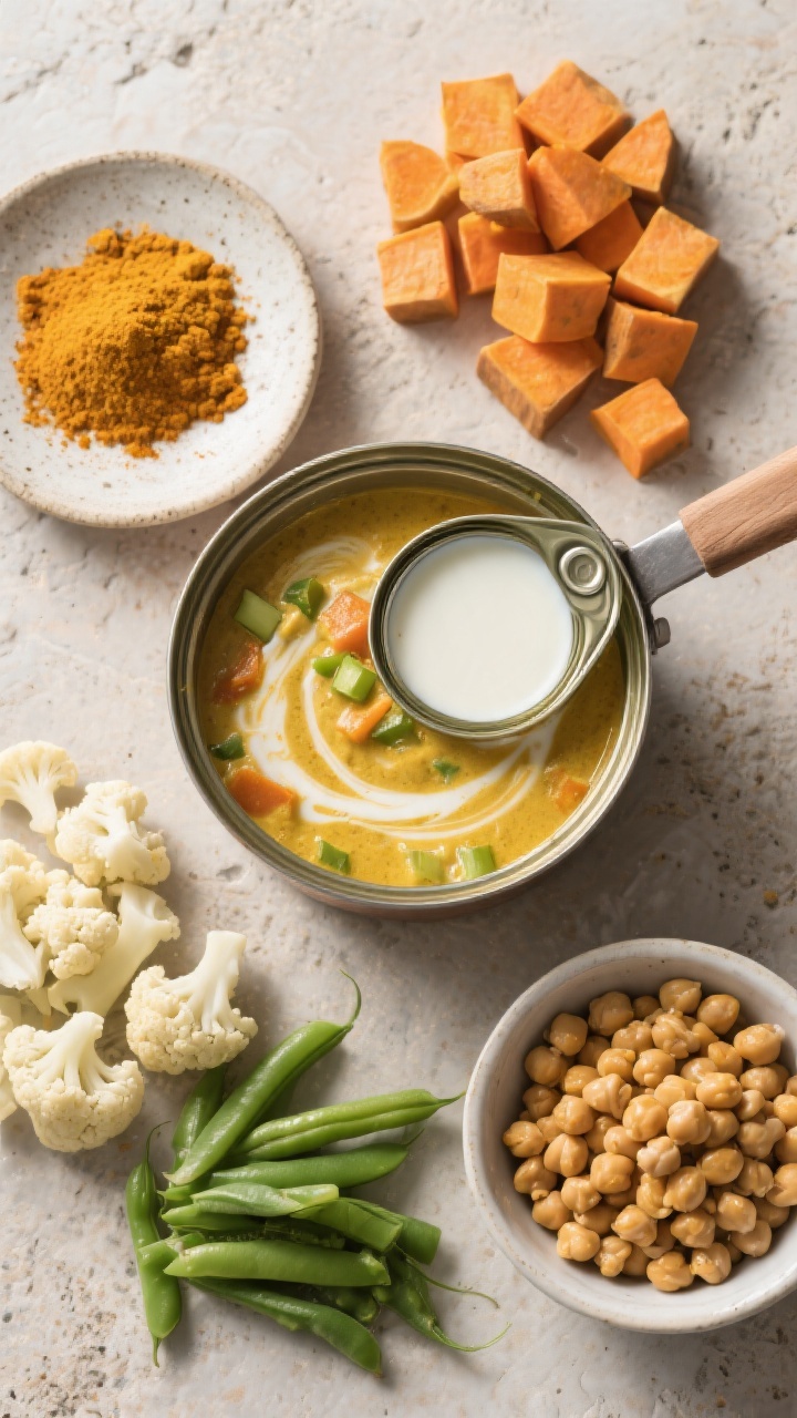 Overhead ingredient-prep flat lay for creamy coconut veggie korma with chickpeas: an open can of full-fat coconut milk swirling with low-sodium vegetable broth in a small saucepan, surrounded by neatly prepped small-diced sweet potato, chopped-small cauliflower florets, finely chopped green beans, and a bowl of rinsed chickpeas; warm turmeric-curry spice blend sprinkled on a pinch dish; neutral stone background, vibrant creams and warm yellows contrasted with green beans and orange sweet potato; crisp, professional styling.