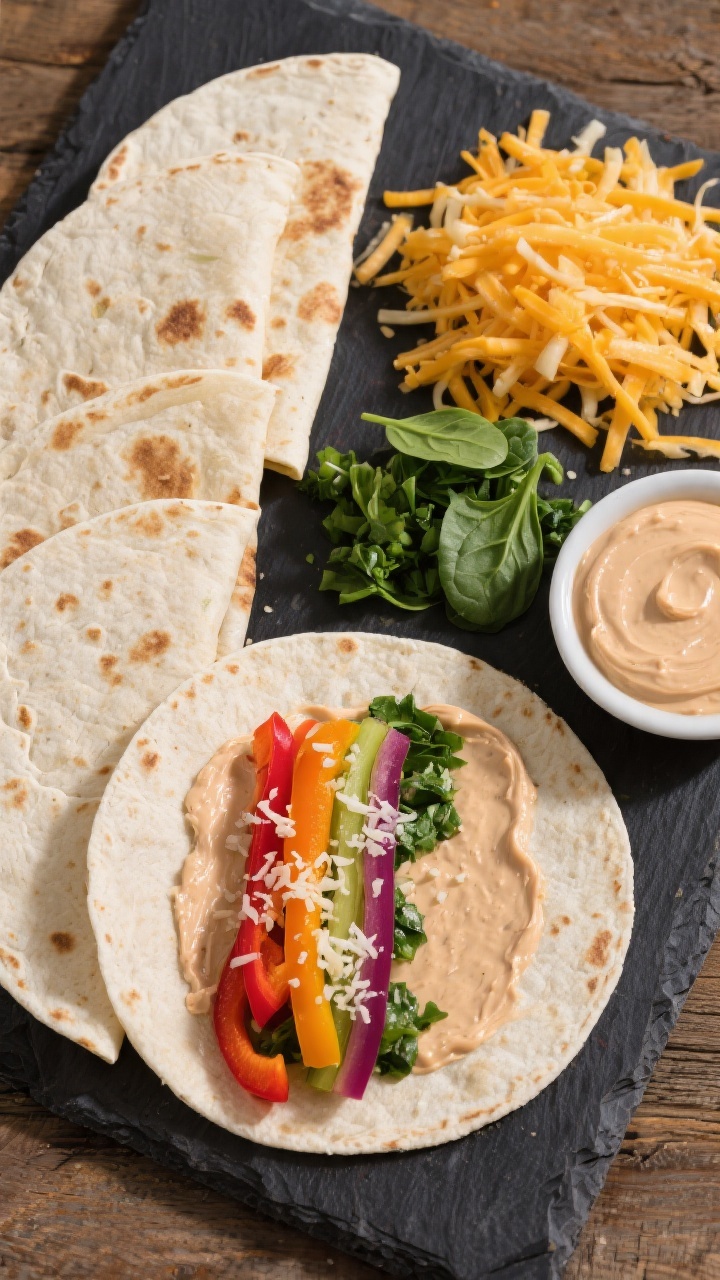 Overhead ingredient-prep flat lay: Rainbow veggie quesadilla components neatly arranged on a dark slate board—four small flour tortillas, a mound of shredded mild cheddar/Monterey Jack, very finely chopped tri-color bell peppers (red, orange, yellow), very finely chopped baby spinach, and a small dish of smooth hidden-bean cream (pale, spreadable). One tortilla is partially assembled with the bean cream spread thinly, cheese sprinkled, and a neat stripe of peppers and spinach, ready to fold. Clean, vibrant color contrast, crisp edges, bright daylight.