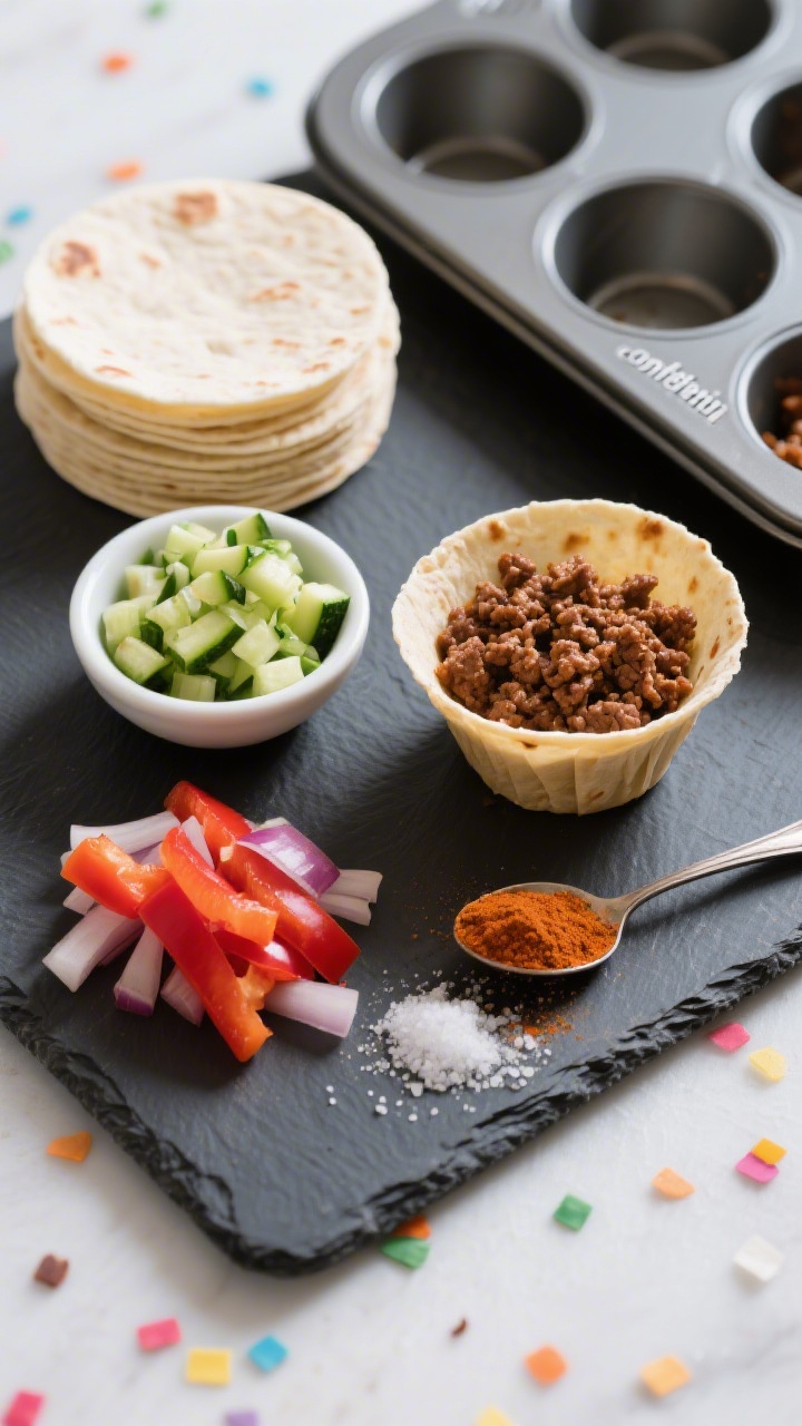 Overhead ingredient-prep shot: Gentle taco beef cups mise en place on a dark slate board. Small flour tortillas (fajita size) stacked with a muffin tin nearby, browned ground beef in a small bowl, finely minced zucchini, red bell pepper, and onion in neat piles, a spoonful of mild chili powder, pinch of salt. One tortilla pressed into a muffin cup to show cup shaping. Clean, bright light, kid-friendly color “confetti,” no people.