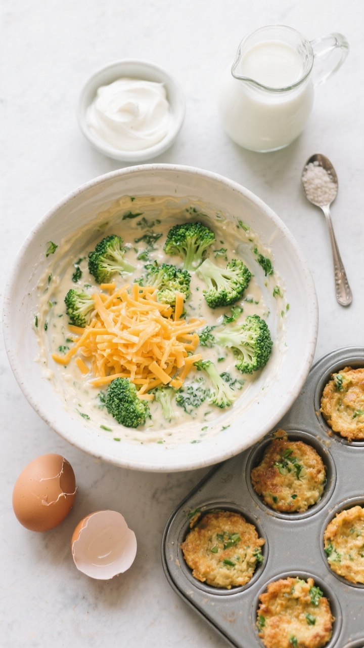 Overhead ingredient-to-assembly scene for Cheesy Broccoli Muffin Bites: a mixing bowl with batter dotted with very finely chopped broccoli florets and shredded mild cheddar cheese, alongside two cracked eggshells, a spoonful of plain Greek yogurt, a small jug of milk, and a teaspoon of baking powder/salt set in tiny pinch bowls. Nearby, a mini muffin pan half-filled with the savory batter. Neutral backdrop, fresh green and cheddar orange colors popping, clean, bright, kid-friendly savory energy.