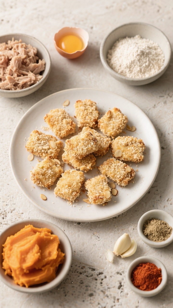 Overhead ingredient-to-assembly scene for Gluten-Free Almond-Crusted Sweet Potato Chicken Bites: a central plate of bite-sized nuggets coated in almond flour, ready to bake, with separate bowls around showing mashed sweet potato, ground chicken, a cracked egg, almond flour for coating, and small pinches of onion powder, garlic powder, and paprika. Neutral stone surface, gluten-free emphasis, clean labels on tiny spice pinch bowls, matte props to highlight the pale-gold almond crust texture.