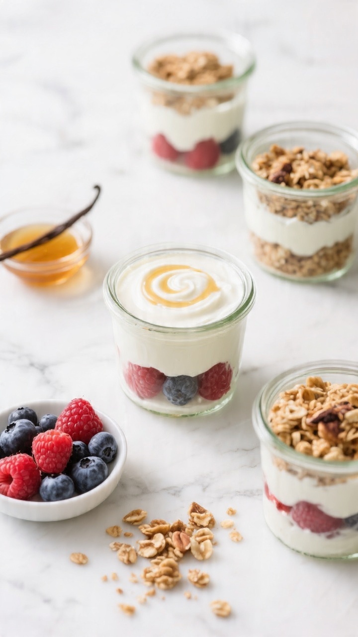 Overhead ingredient-to-assembly scene for no-bake crunchy yogurt parfaits: glass jars layered with full-fat or 2% Greek yogurt (vanilla or plain), a swirl of honey or maple syrup, vanilla extract in a tiny dish, fresh mixed berries, and a crunchy topping (granola or crushed nuts) ready to sprinkle. One finished parfait in sharp focus with defined layers, others mid-assembly; bright, fresh mood on a white marble surface, vibrant berry colors and creamy yogurt texture emphasized.