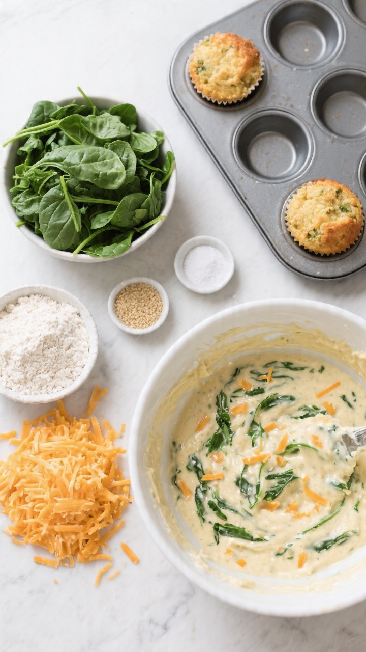Overhead ingredient-to-assembly scene for Savory Cheddar-Spinach Muffin Bites: chopped fresh spinach piled next to grated sharp cheddar, a bowl with white whole wheat flour and finely ground cornmeal, baking powder and baking soda in tiny pinch bowls, plus a mixing bowl of batter halfway folded showing green spinach ribbons and cheddar flecks; adjacent mini muffin pan lightly greased with a few wells filled; neutral, bright lighting, crisp color contrast of deep green spinach and sunset-orange cheddar, conveying savory lunchbox appeal.