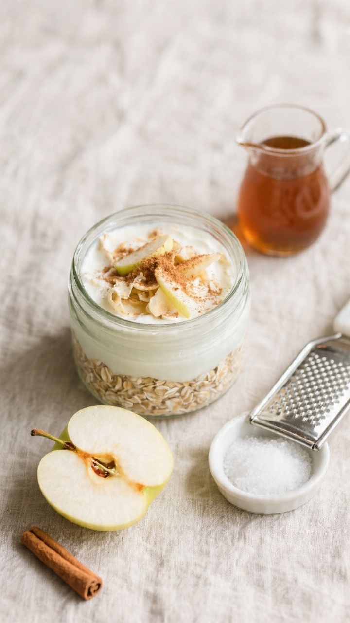 Overhead ingredient-to-assembly shot for creamy apple pie overnight oats: a glass jar half-filled with rolled oats, milk, and vanilla yogurt, topped with freshly grated apple and a dusting of cinnamon; maple syrup in a tiny pitcher, a peeled half apple with fine shreds beside a microplane, and a pinch of salt in a tiny dish; cool morning light on a neutral linen, clean and creamy textures emphasized, ready-to-refrigerate mood.