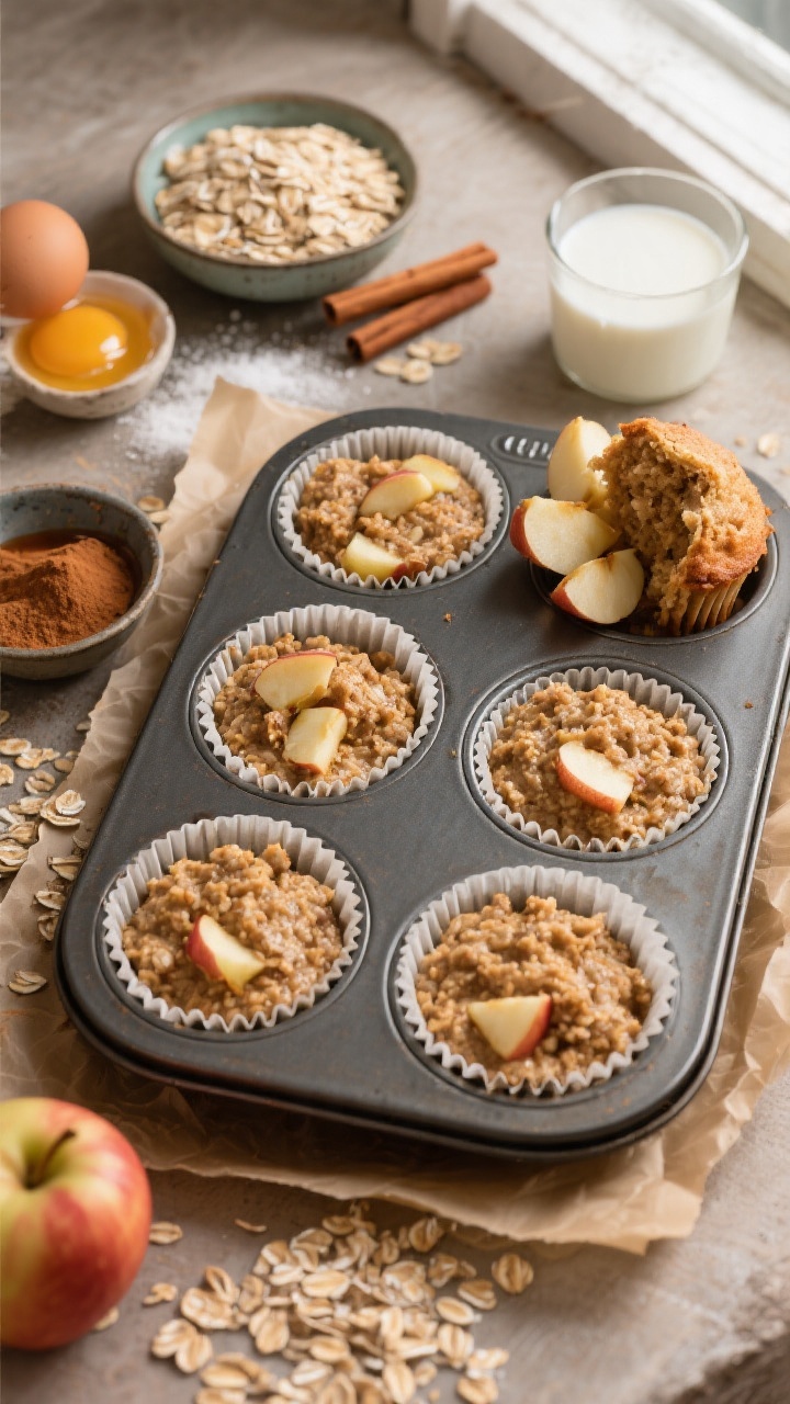 Overhead ingredient-to-batter-to-baked sequence for Apple-Cinnamon Oatmeal Cups you can meal-prep: a dark metal muffin pan filled with rustic oatmeal batter dotted with apple chunks and perfumed with ground cinnamon; surrounding elements include bowls of rolled oats, baking powder, cinnamon, salt, milk, beaten egg, and maple syrup; one baked cup cut open to show moist interior and apple bits; warm, autumnal palette, parchment muffin liners, natural window light.