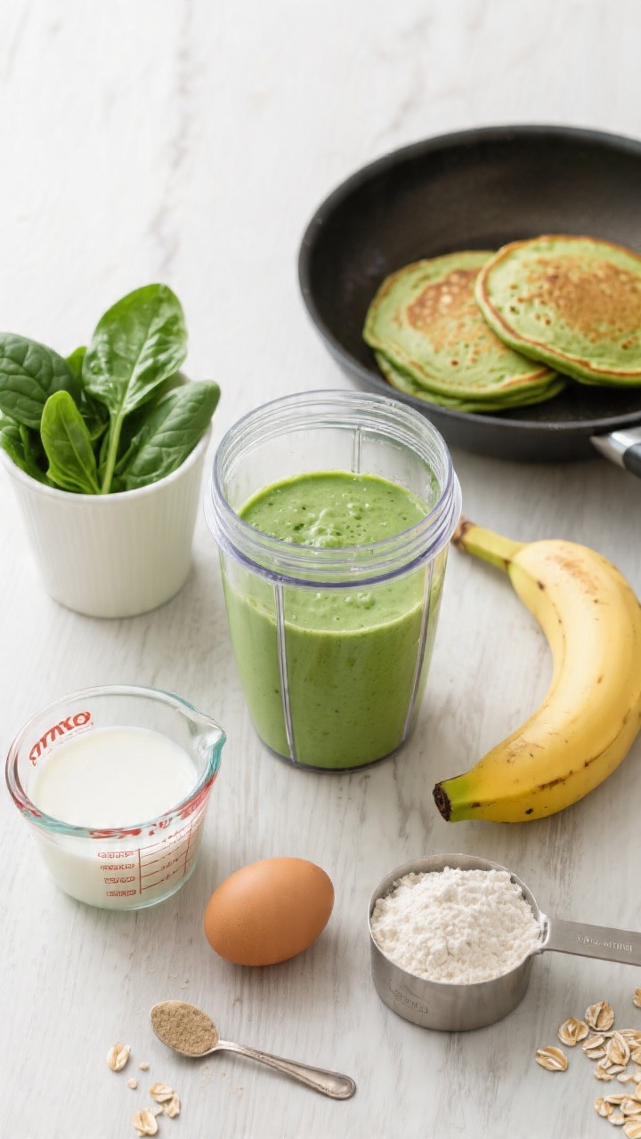 Overhead ingredient-to-blender scene for Green Spinach Banana Pancakes: vibrant green batter in a blender jar surrounded by fresh baby spinach (packed cup), a ripe banana, a measuring cup of milk, one egg, vanilla extract, flour measures (3/4 cup AP or combo with oat), and a teaspoon of baking powder. Next to it, a nonstick skillet with a couple of vividly green pancakes just set with tiny bubbles on top. Clean, modern styling on a pale wood surface, fresh and healthy mood, no people.