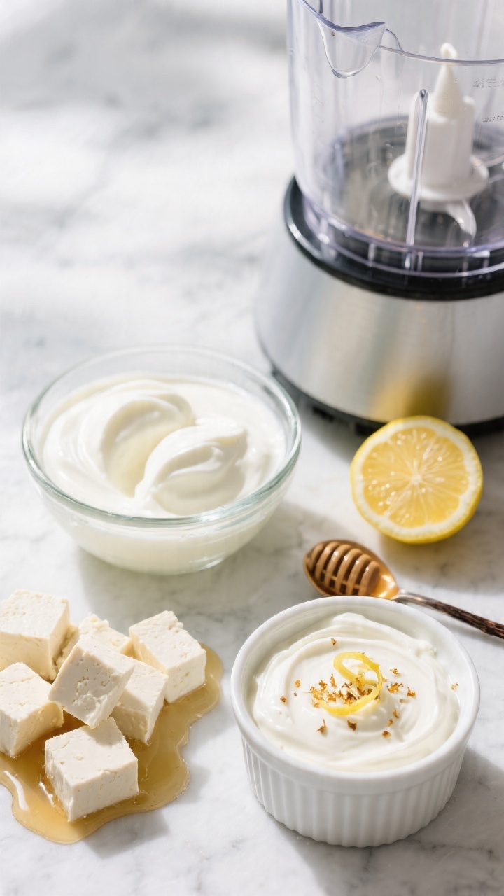 Overhead ingredient-to-blender scene for yogurt fruit dip with hidden tofu: a glass bowl of thick plain Greek yogurt (2%/whole) next to neatly cubed silken tofu (drained), a drizzle trail of honey/maple syrup, vanilla extract in a tiny spoon, fresh lemon with zest curls; a blender jar ready to combine, with a finished silky dip in a small white ramekin topped with a faint lemon zest sprinkle; vibrant, clean look on a light stone surface, bright daylight to underscore creamy texture.