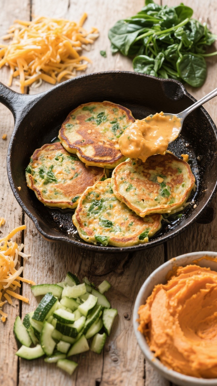 Overhead ingredient-to-cooking transition for Cheesy Veggie Sweet Potato Pancakes: a well-seasoned cast-iron skillet with several savory pancakes mid-cook, edges setting and cheese just melting; around the skillet, neat piles of very finely grated zucchini (squeezed dry), chopped spinach, finely shredded mild cheddar, and a bowl of mashed sweet potato; the mixture’s speckled green and orange colors are visible in a spoonful of batter; rustic wooden surface, bright yet natural light to emphasize savory appeal.