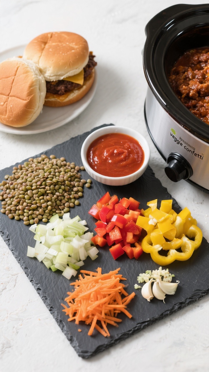 Overhead ingredient-to-crockpot prep scene for mild lentil sloppy joes: a dark slate board with neatly arranged raw brown/green lentils (rinsed), finely diced onion, diced red and yellow bell pepper, finely grated carrot, and minced garlic; nearby, a small bowl of mild tomato-based sauce and soft burger buns ready for serving; an open crockpot insert visible at the edge, inviting the transfer; bright, clean styling that highlights the “veggie confetti” colors—greens, oranges, reds—no hands, professional flat-lay composition.
