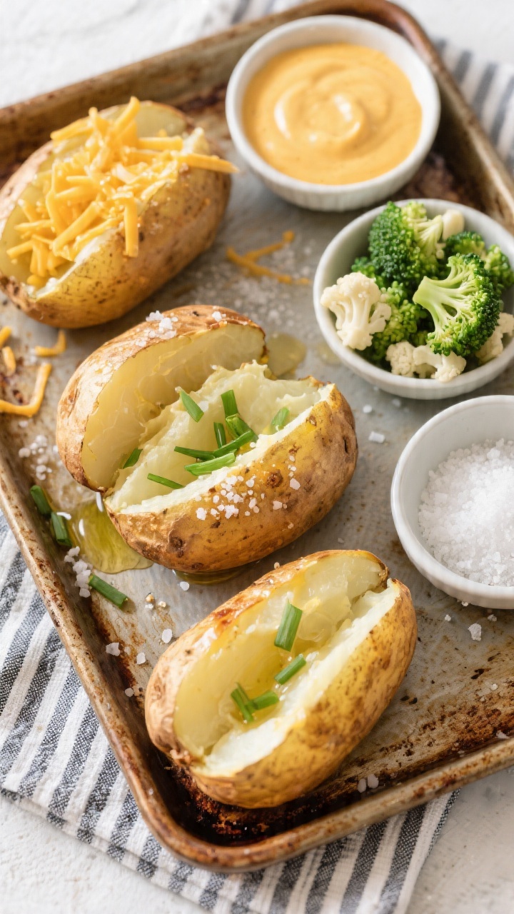 Overhead ingredient-to-final spread for a DIY baked potato bar: four crispy-skinned russet potatoes split open, fluffy interiors steaming; small bowls of hidden-veg cheese sauce (velvety, golden), grated cheese, finely chopped steamed broccoli or cauliflower folded into the sauce, chives, kosher salt pinch bowl; potatoes brushed with olive oil and coarse salt crystals visible on skins; arranged on a rustic baking sheet with a striped kitchen towel; bright, approachable styling that invites topping customization, no people in frame.