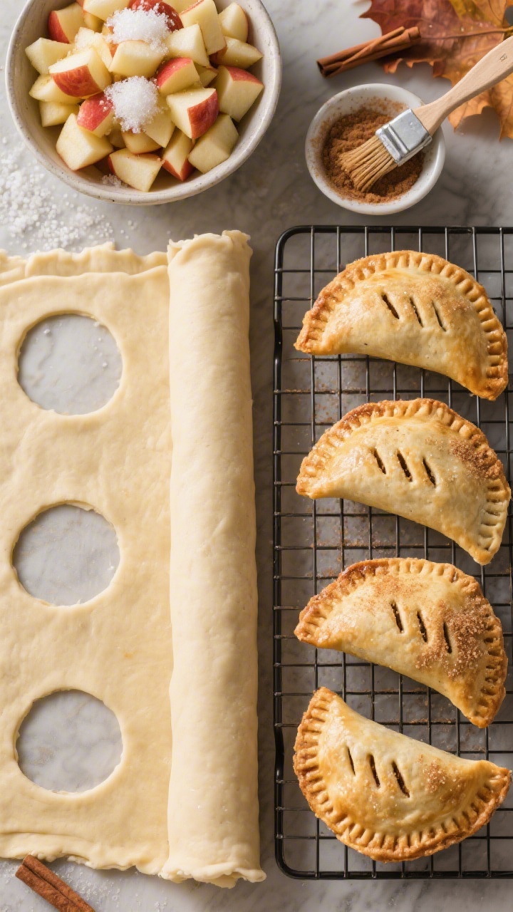 Overhead ingredient-to-final transition for apple pie hand pies: half the frame shows chilled, unrolled refrigerated pie crusts with circles cut out, a bowl of finely diced apples tossed with granulated sugar, light brown sugar, and cinnamon; the other half shows golden hand pies with crimped edges, vent slits, and a cinnamon-sugar sparkle; place a pastry brush, a little bowl of cinnamon sugar, and a cooling rack; warm autumnal tones, flaky layers clearly visible.