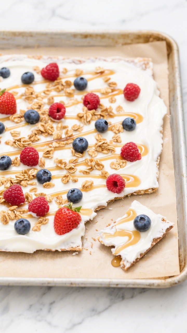 Overhead ingredient-to-final transition for Build-Your-Own Yogurt Bark: a parchment-lined sheet pan topped with thickly spread whole-milk Greek yogurt sweetened with honey/maple and scented with vanilla; scattered mixed berries (strawberries, blueberries, raspberries) and a crunchy granola sprinkle arranged artfully; extra honey drizzled in thin ribbons; a corner already cracked into shards to showcase texture; bright, clean styling on a marble surface for a fresh, kid-friendly vibe.