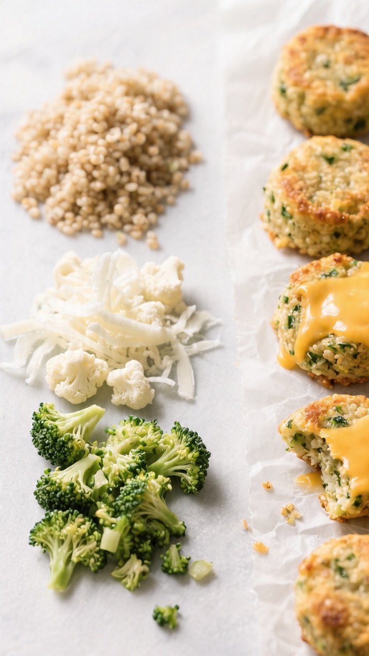 Overhead ingredient-to-final transition shot for cheesy broccoli quinoa bites with hidden cauliflower: left side shows neat piles of cooked quinoa (cooled), very finely chopped broccoli florets, finely chopped/riced cauliflower (squeezed dry), and shredded mozzarella; right side shows golden, bite-sized baked rounds on parchment with melted cheese glistening and green-speckled interiors visible in a broken piece; neutral backdrop, bright, clean styling, emphasis on texture contrast.